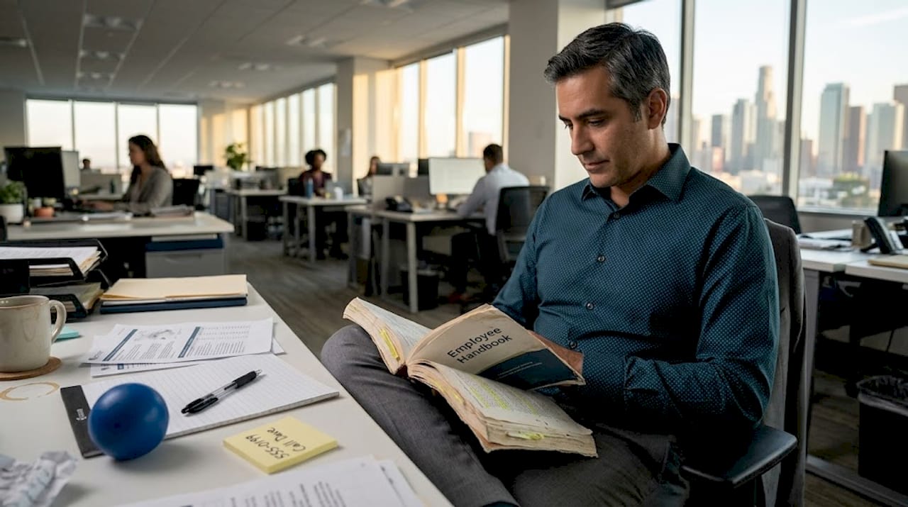 Employee considering handbook in open-plan office