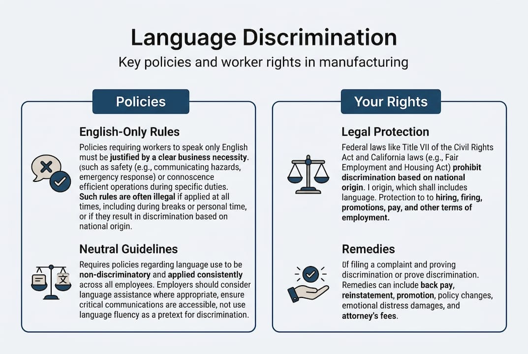 Infographic with language discrimination policies and rights