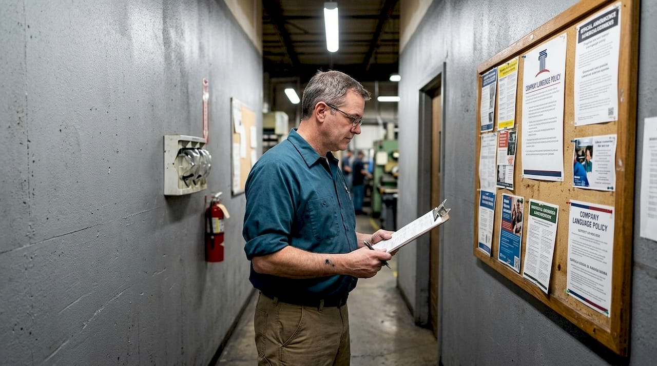 Factory supervisor reviewing language policy signage