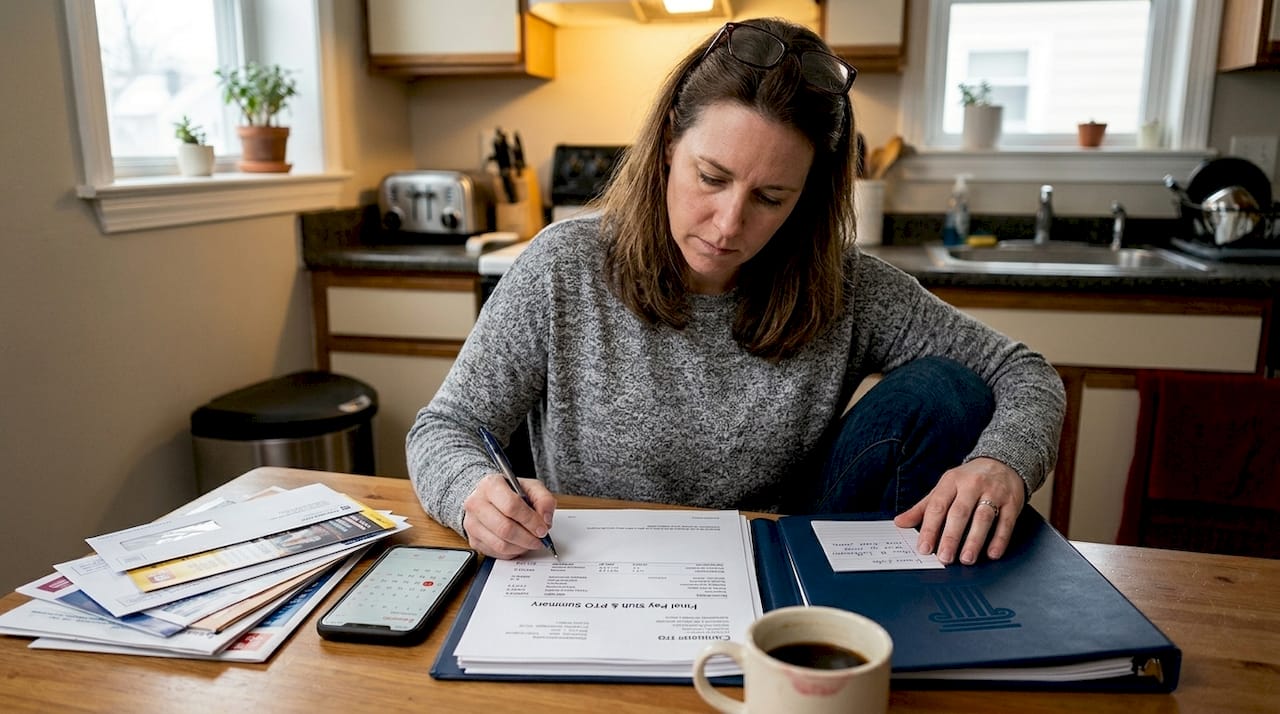 Woman reviewing final paycheck and PTO paperwork