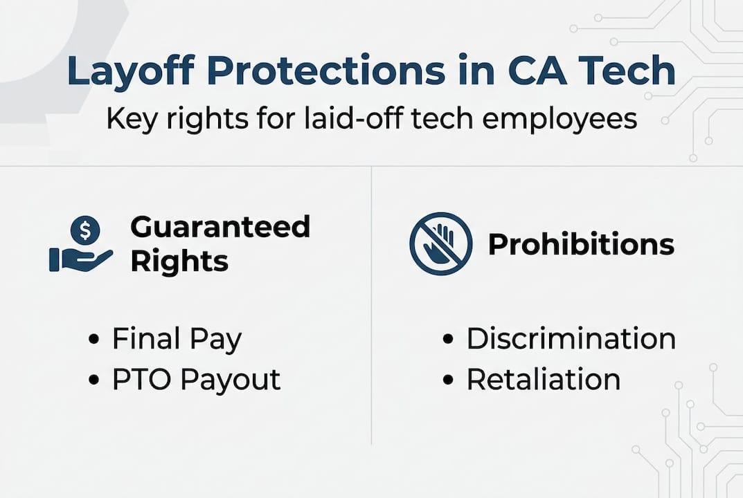 Infographic showing key layoff rights in CA tech