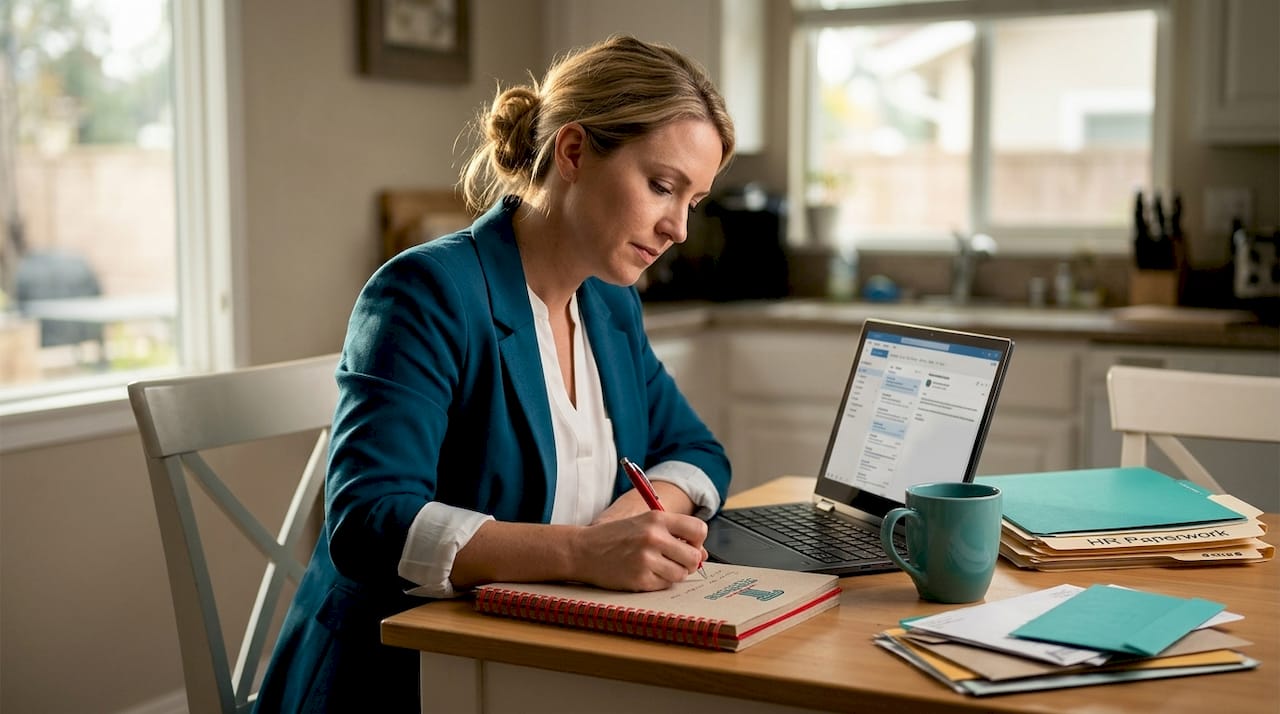 Woman writing workplace retaliation notes at kitchen table
