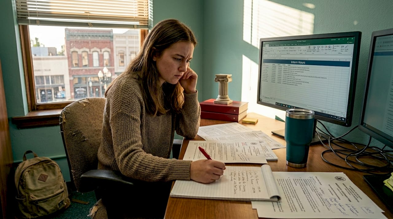 Intern reviewing papers at cluttered Orange County office desk