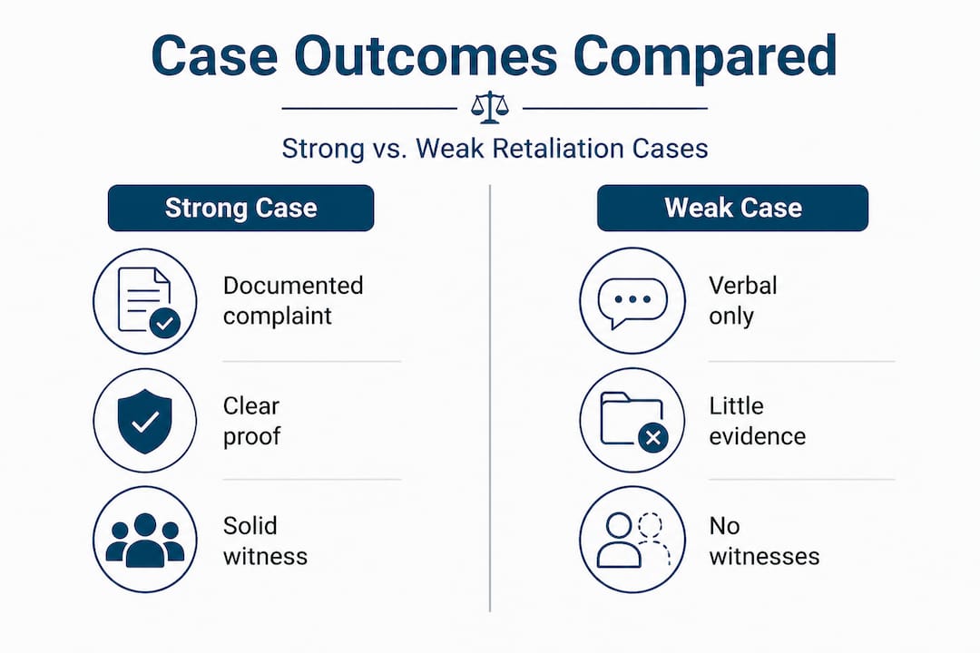 Infographic comparing strong and weak workplace retaliation cases