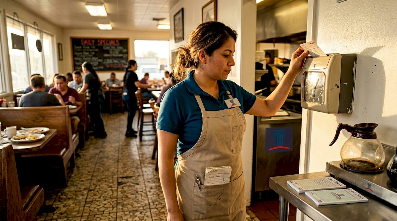 Service worker at punch clock near busy diner