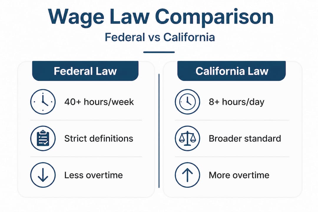 Infographic comparing federal and California wage laws