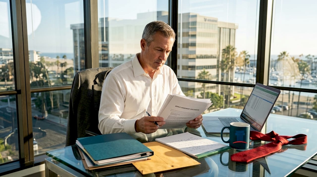 Finance executive reviews bonus documents at sunlit desk