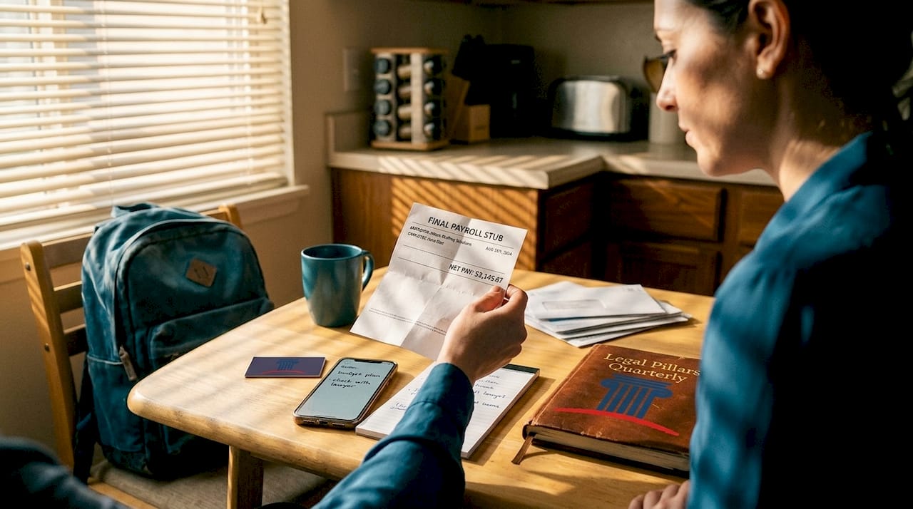 Worker reviews pay stub at kitchen table