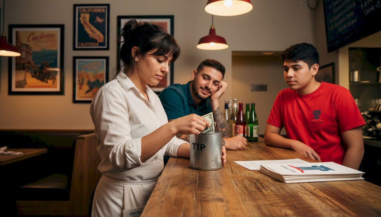 Restaurant workers sorting pooled tips