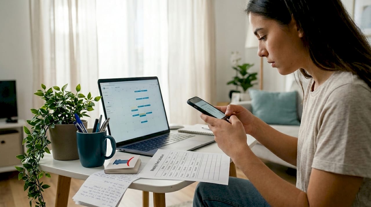 Worker photographing printed work schedule at home table