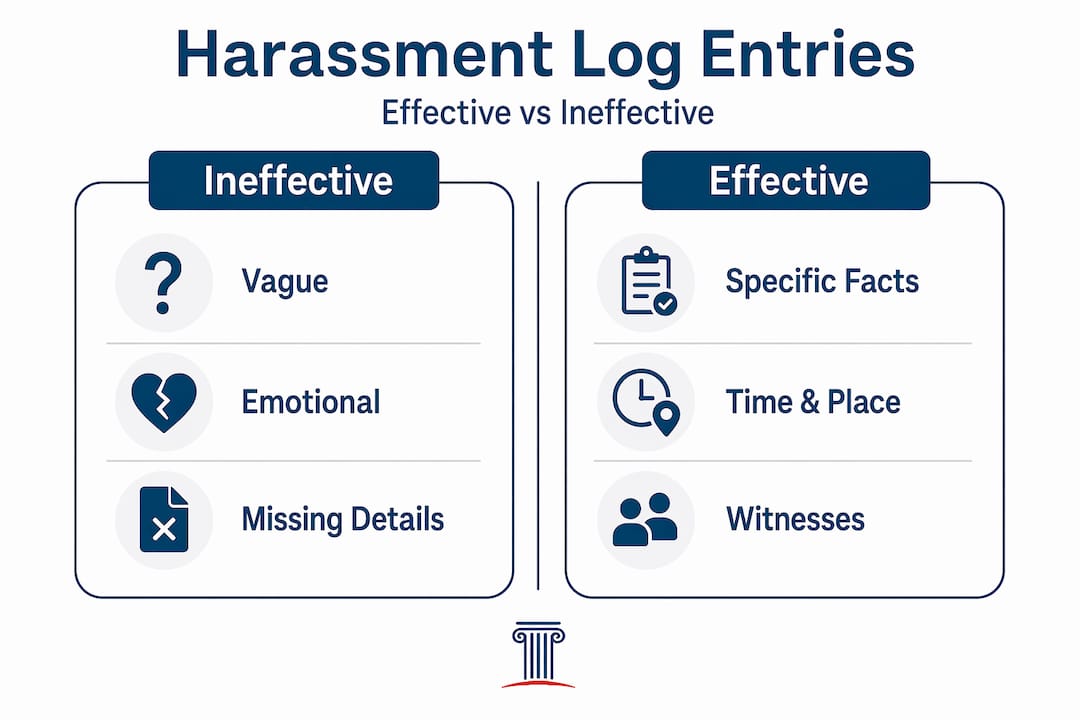 Infographic comparing effective and ineffective harassment log entries