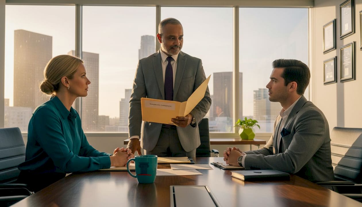 Office scene showing workplace discrimination discussion