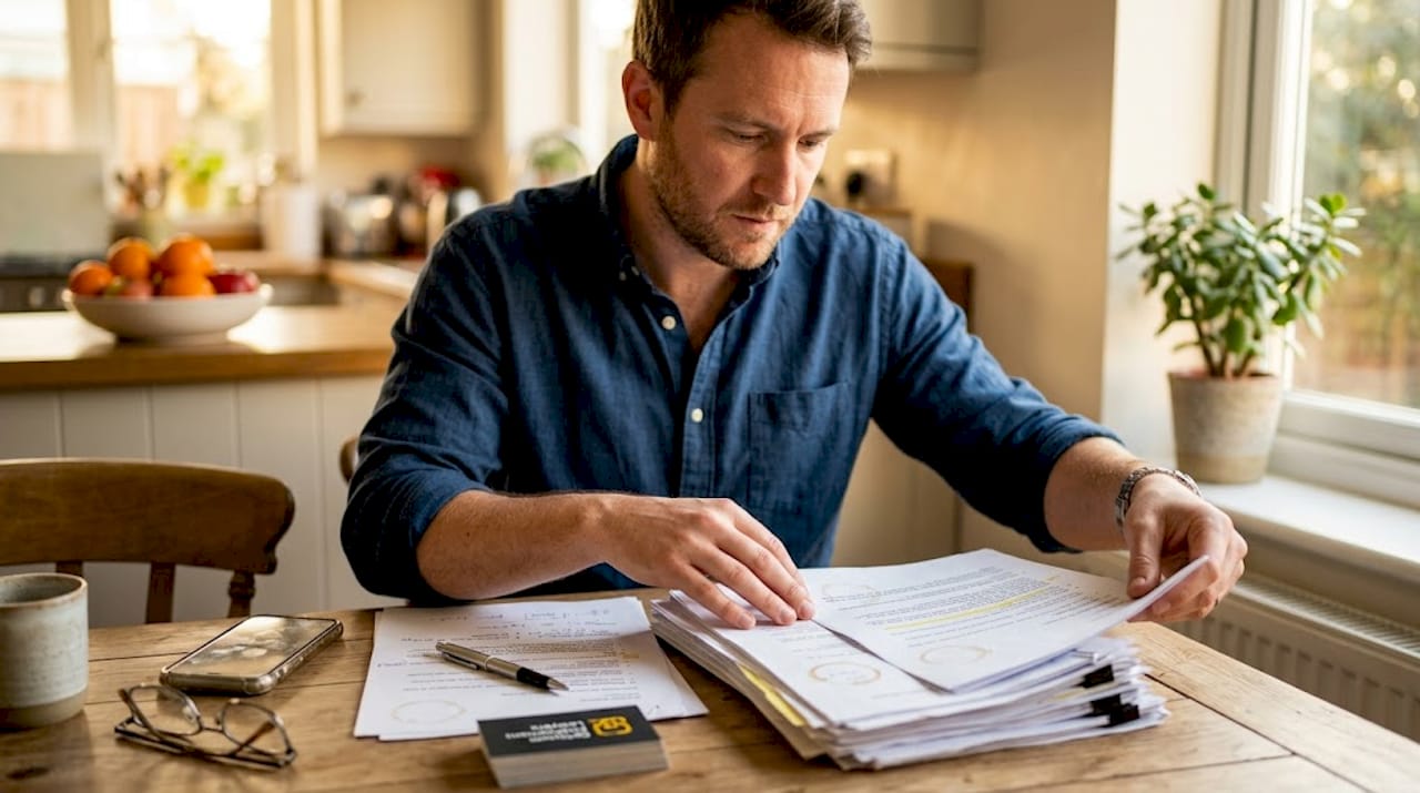 Man organizing evidence on kitchen table