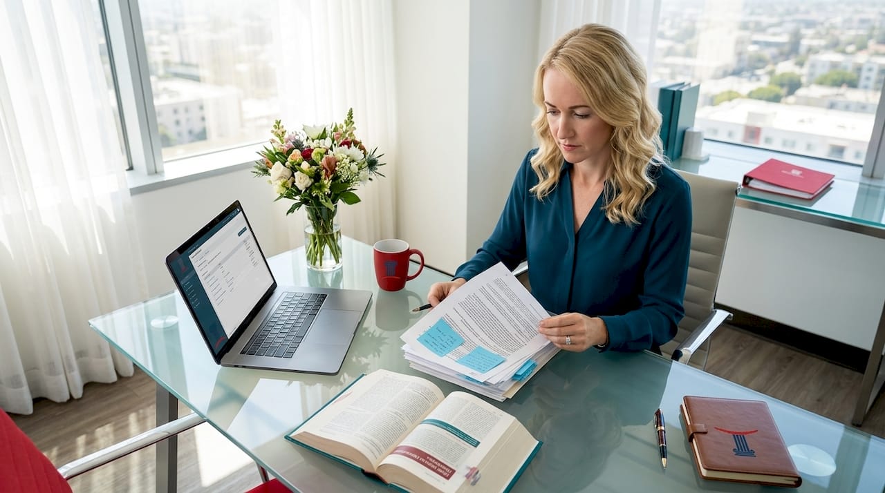 Employee reading documents at sunlit office desk