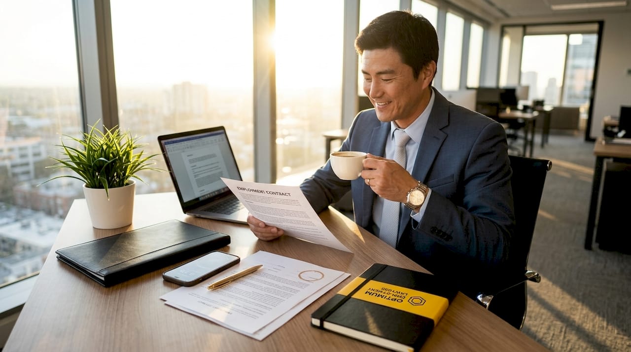 Office worker reviewing printed contract at desk