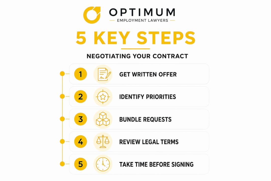 Infographic with 5 negotiation steps in California employment