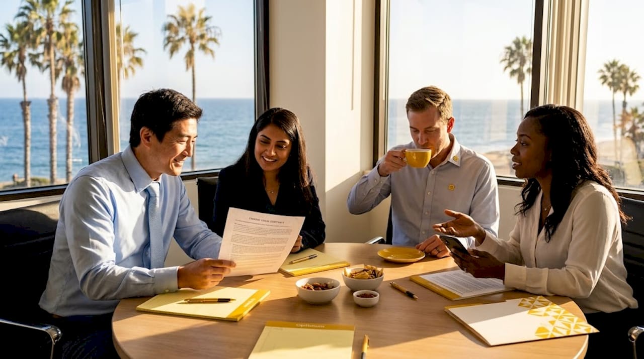 Group of diverse employees working in Newport Beach office