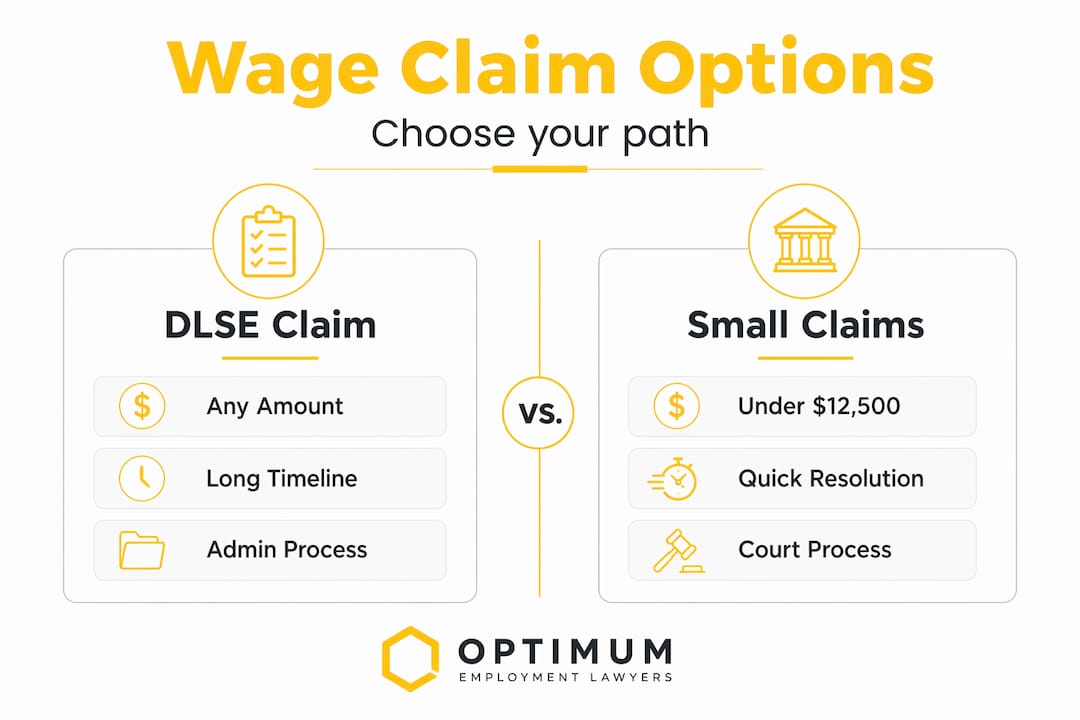 Infographic comparing wage claim options in Newport Beach