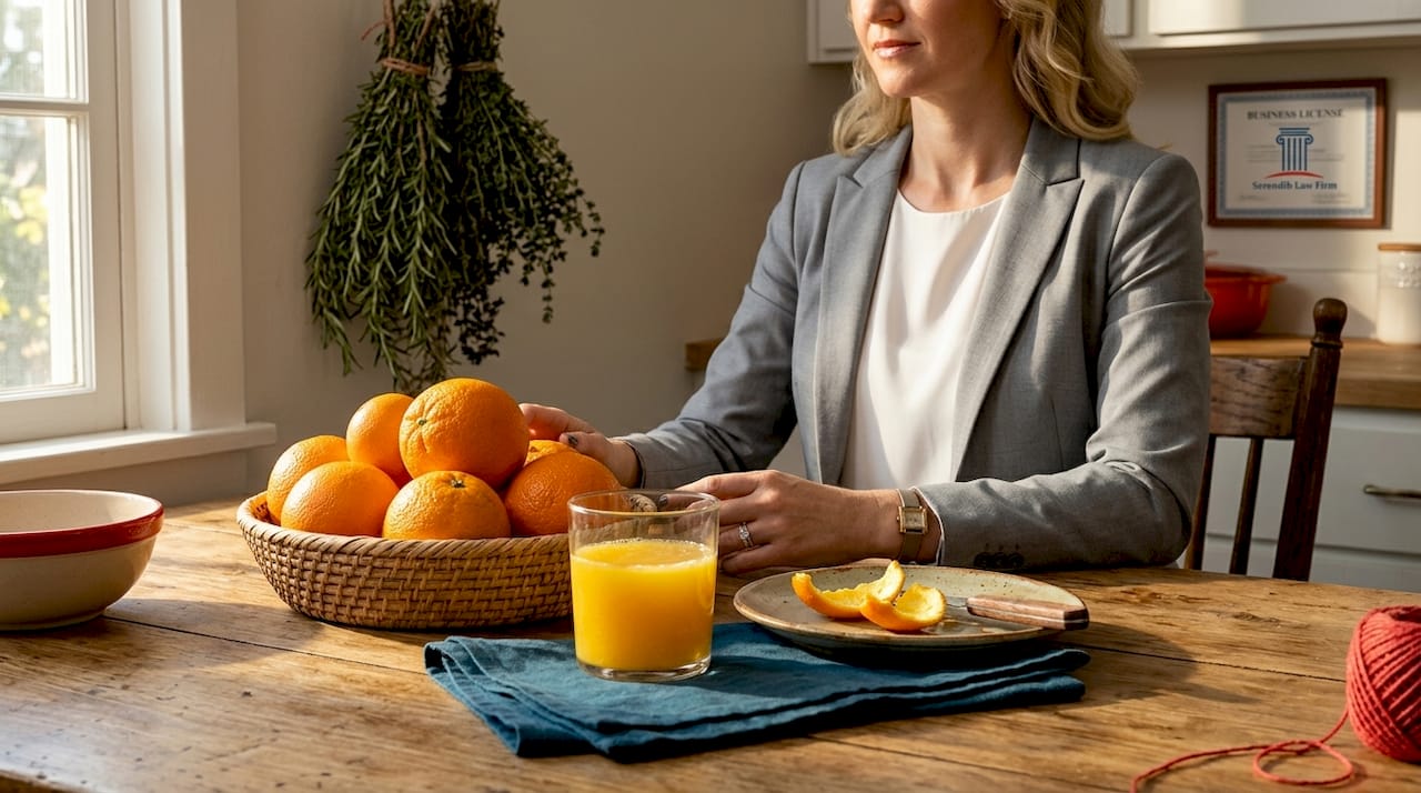 Whole oranges and juice bowl in ordinary kitchen