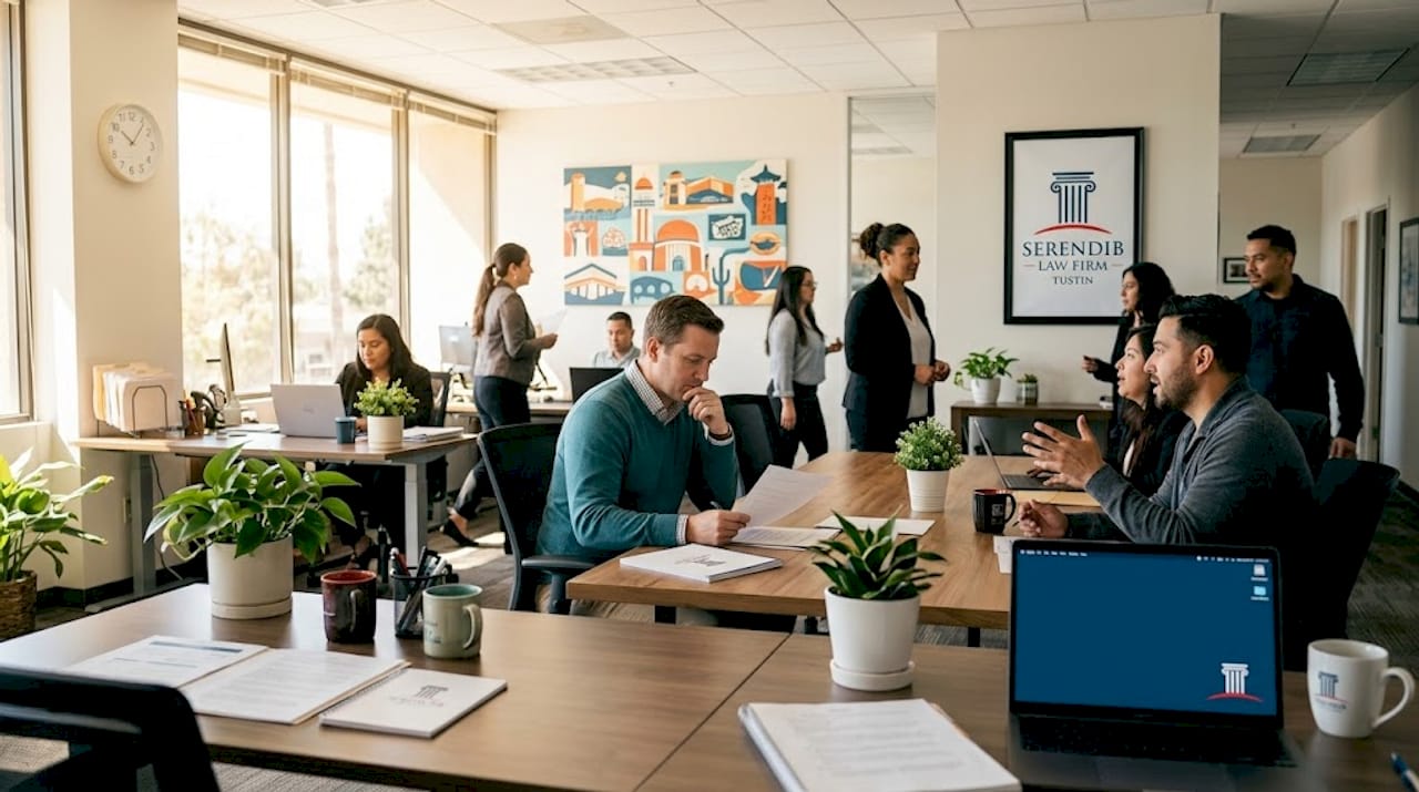Employees at work in open-plan Tustin office