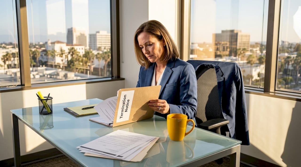 Santa Ana employee reviewing termination documents in office