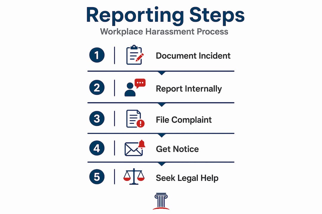 Infographic showing steps to report harassment