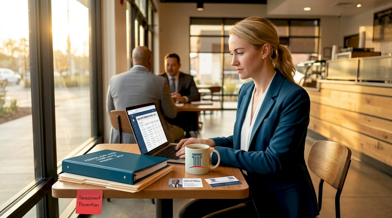 HR manager reviews training records in office