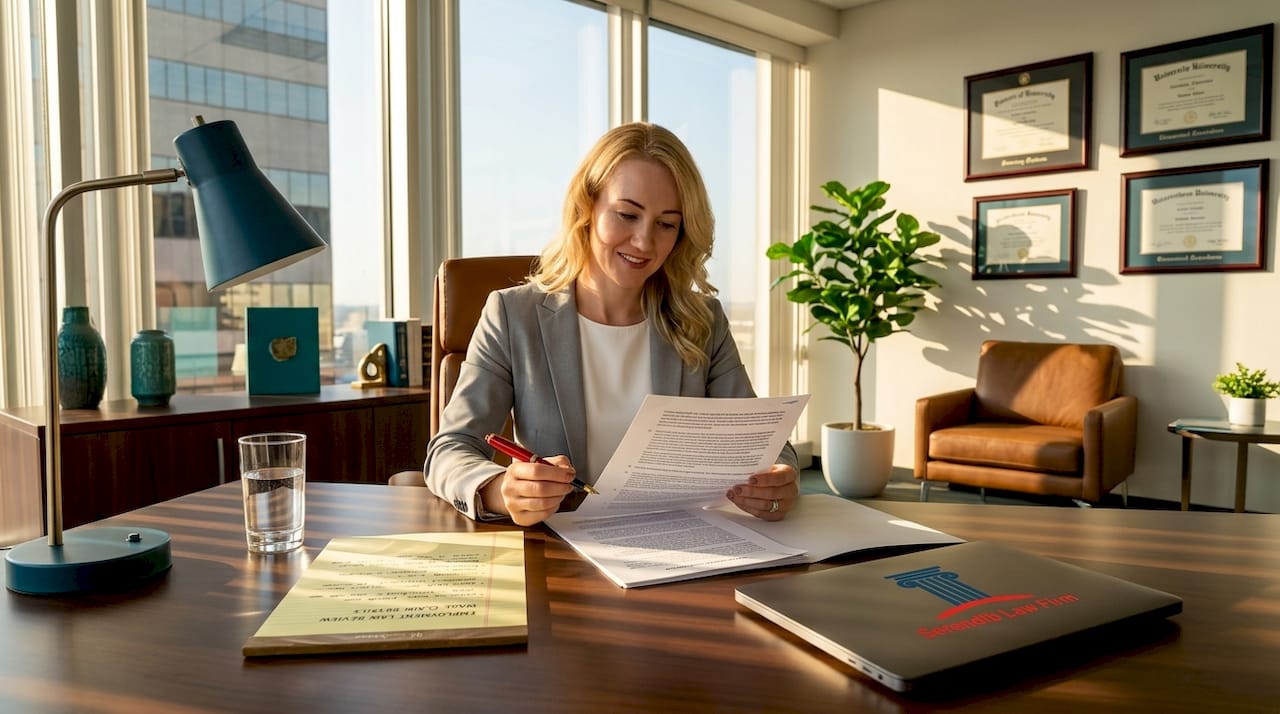 Employment lawyer reviewing legal documents