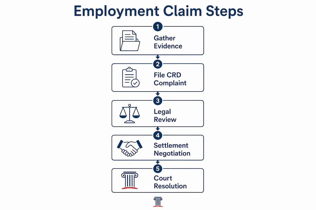 Infographic showing employment claim steps in Costa Mesa
