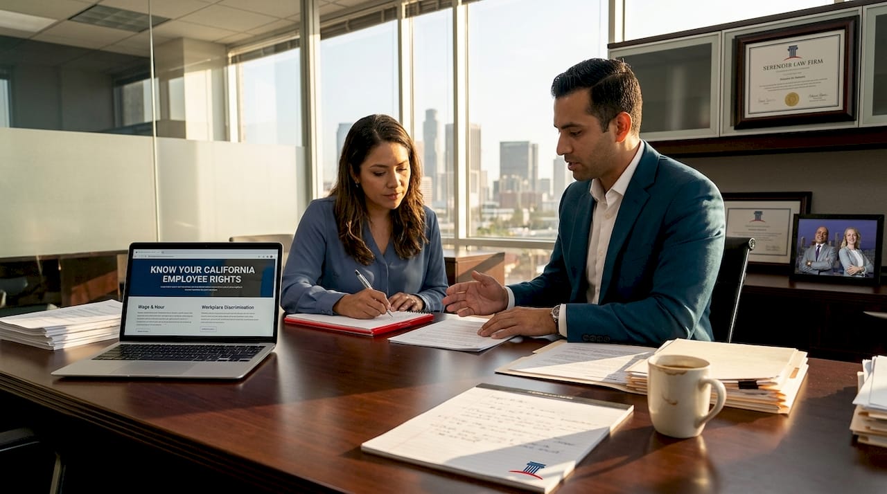 Employee consulting lawyer in office