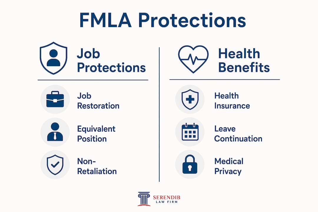 Infographic showing FMLA job protections and health benefits