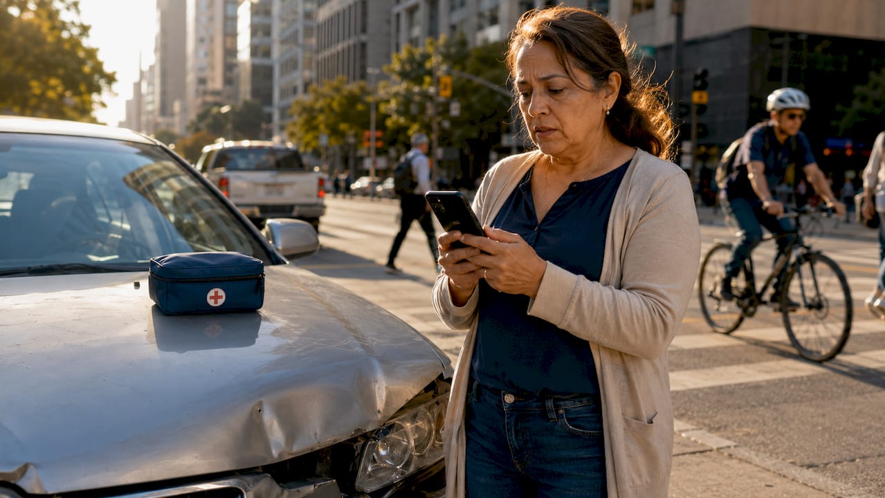 Woman making emergency call by accident scene