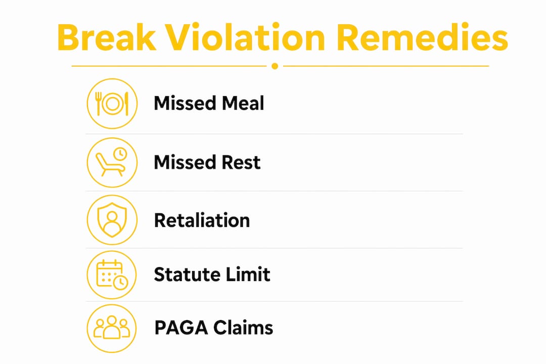 Infographic showing key remedies for break violations in Costa Mesa