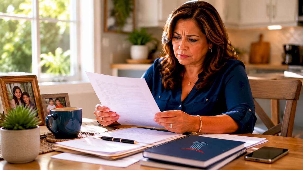 Woman reading termination letter at desk