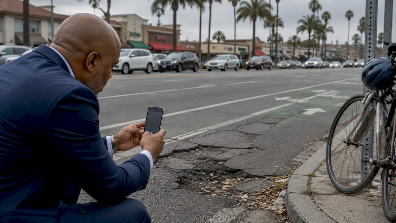 Cyclist photographing road damage in Buena Park