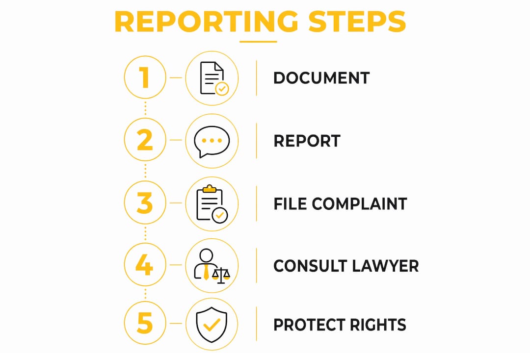 Infographic illustrating steps to report workplace discrimination