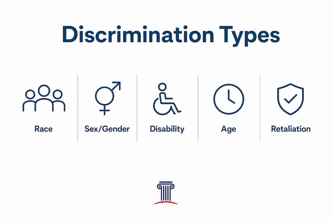 Infographic showing common workplace discrimination types