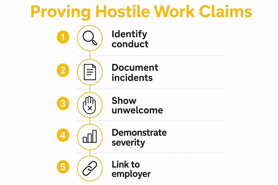 Infographic outlining legal steps to prove hostile work environment claim