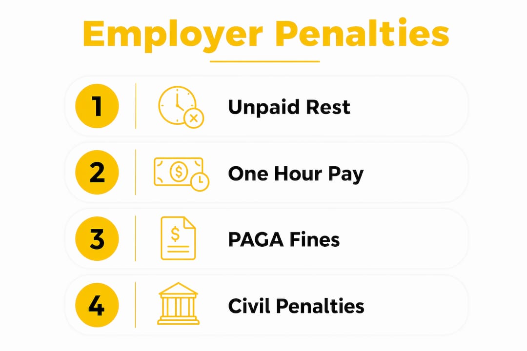 Infographic showing employer penalties for rest break violations