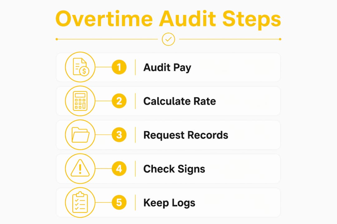 Infographic outlining steps to identify unpaid overtime