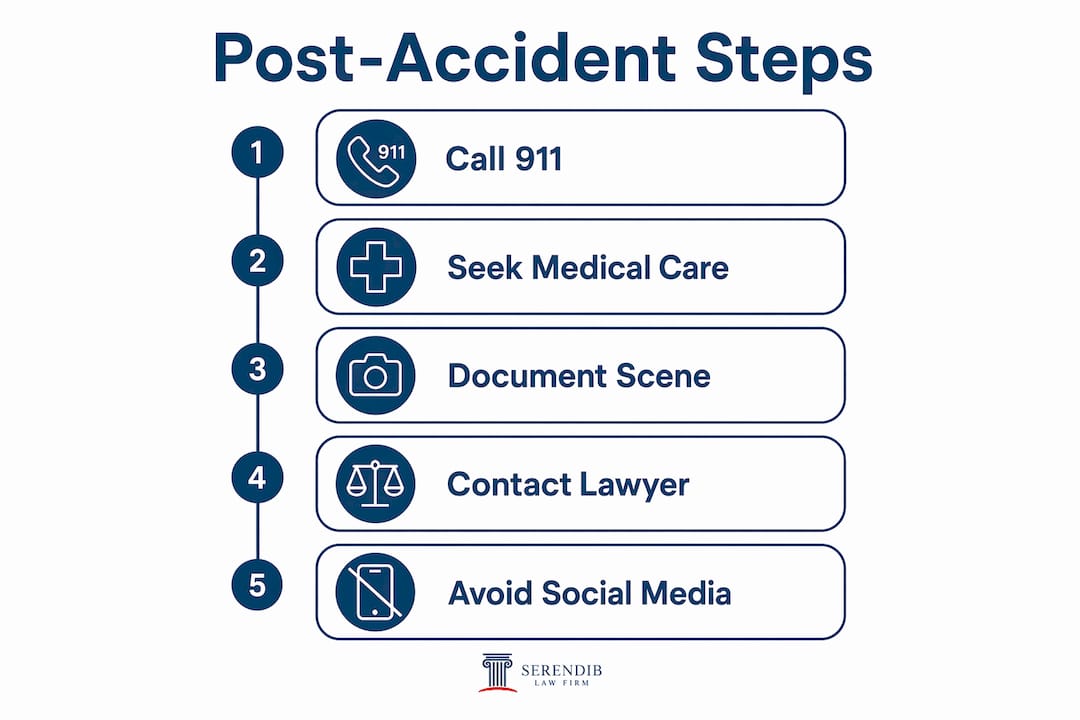 Infographic showing important post-accident steps for motorcycle riders