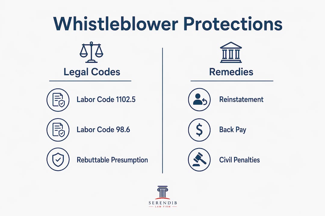 Infographic showing whistleblower legal protections and remedies