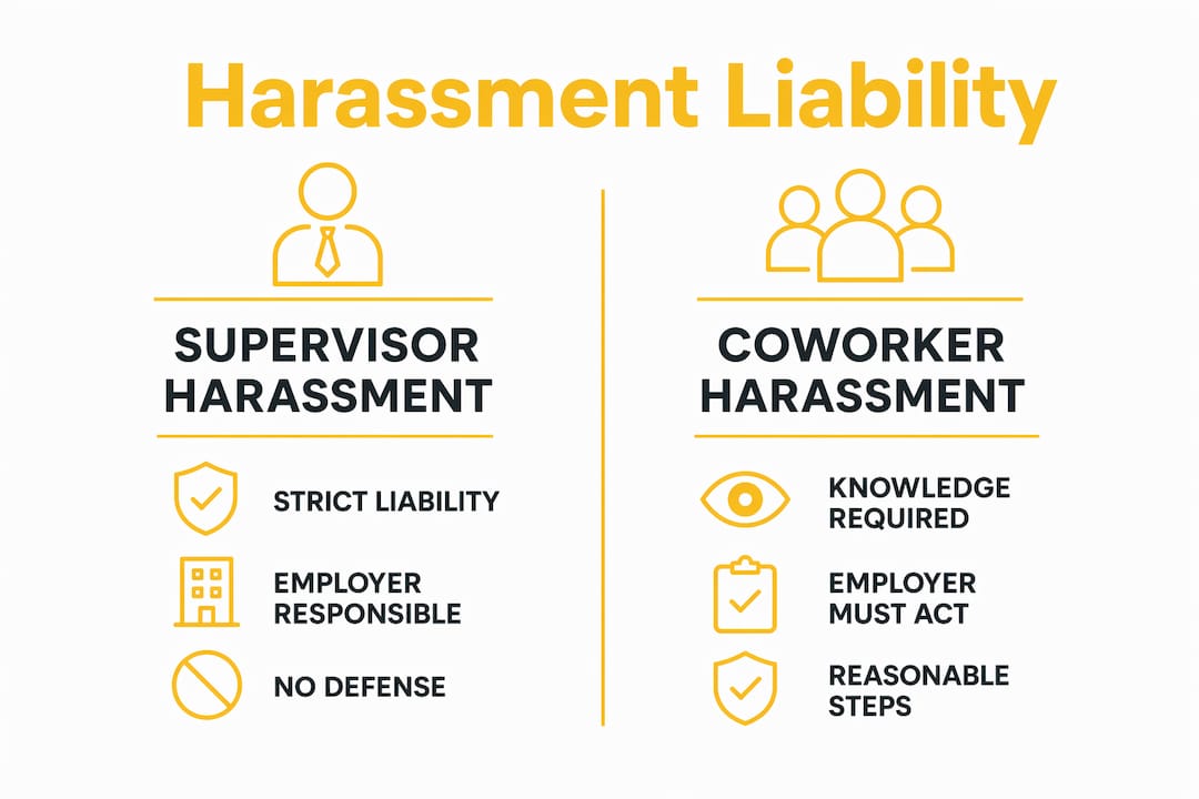 Infographic comparing supervisor versus coworker harassment liability