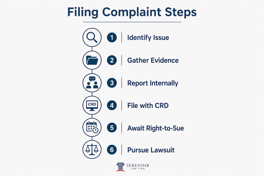 Infographic outlining discrimination complaint filing steps