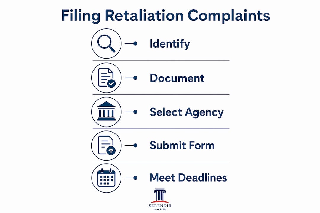 Infographic showing steps to file a retaliation complaint