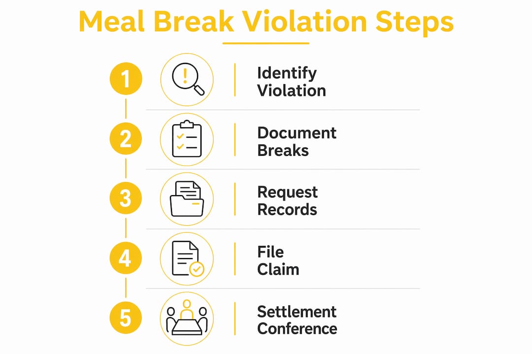 Infographic showing step-by-step meal break violation claims process