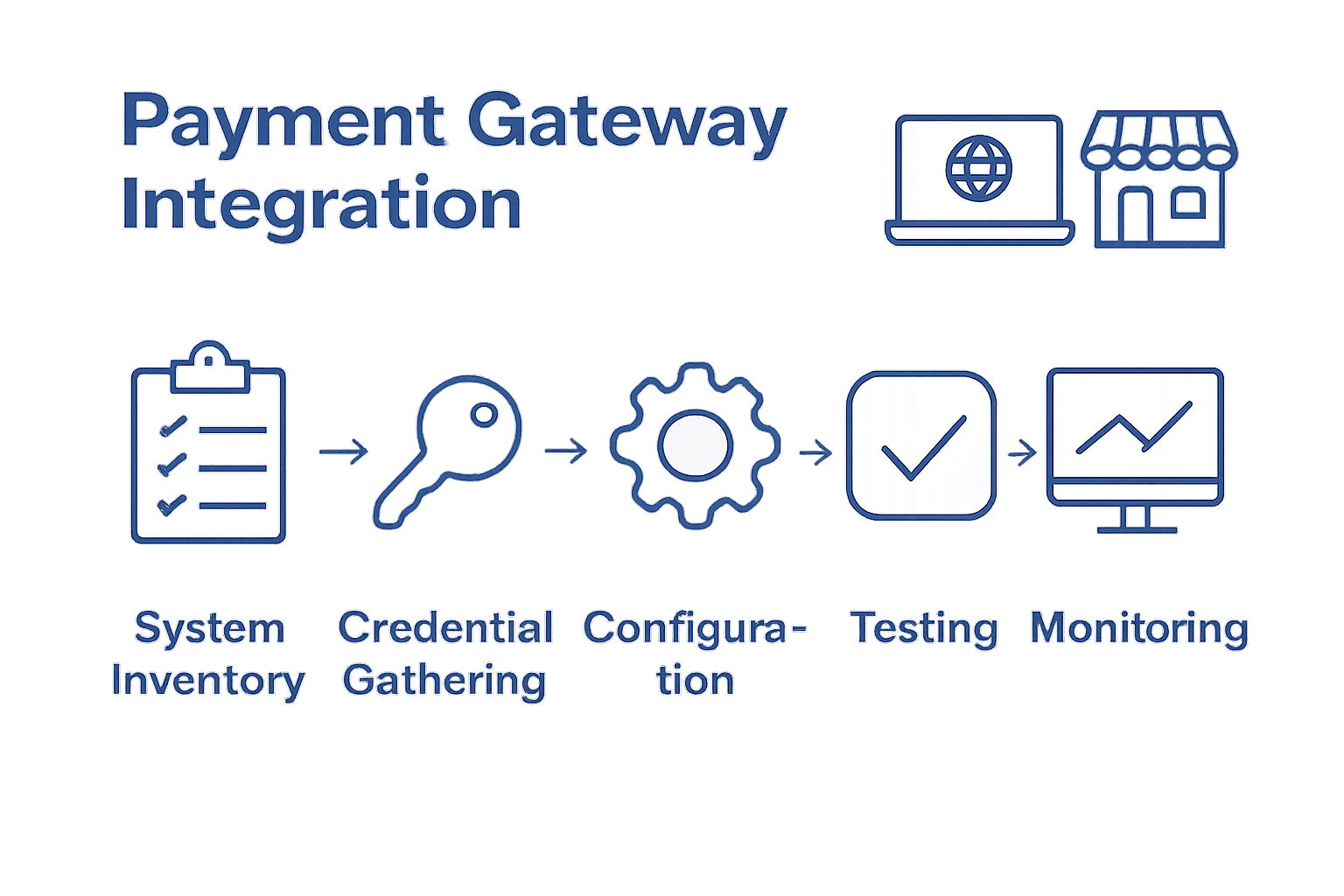 Infographic showing five key steps of omnichannel payment gateway integration with process icons.