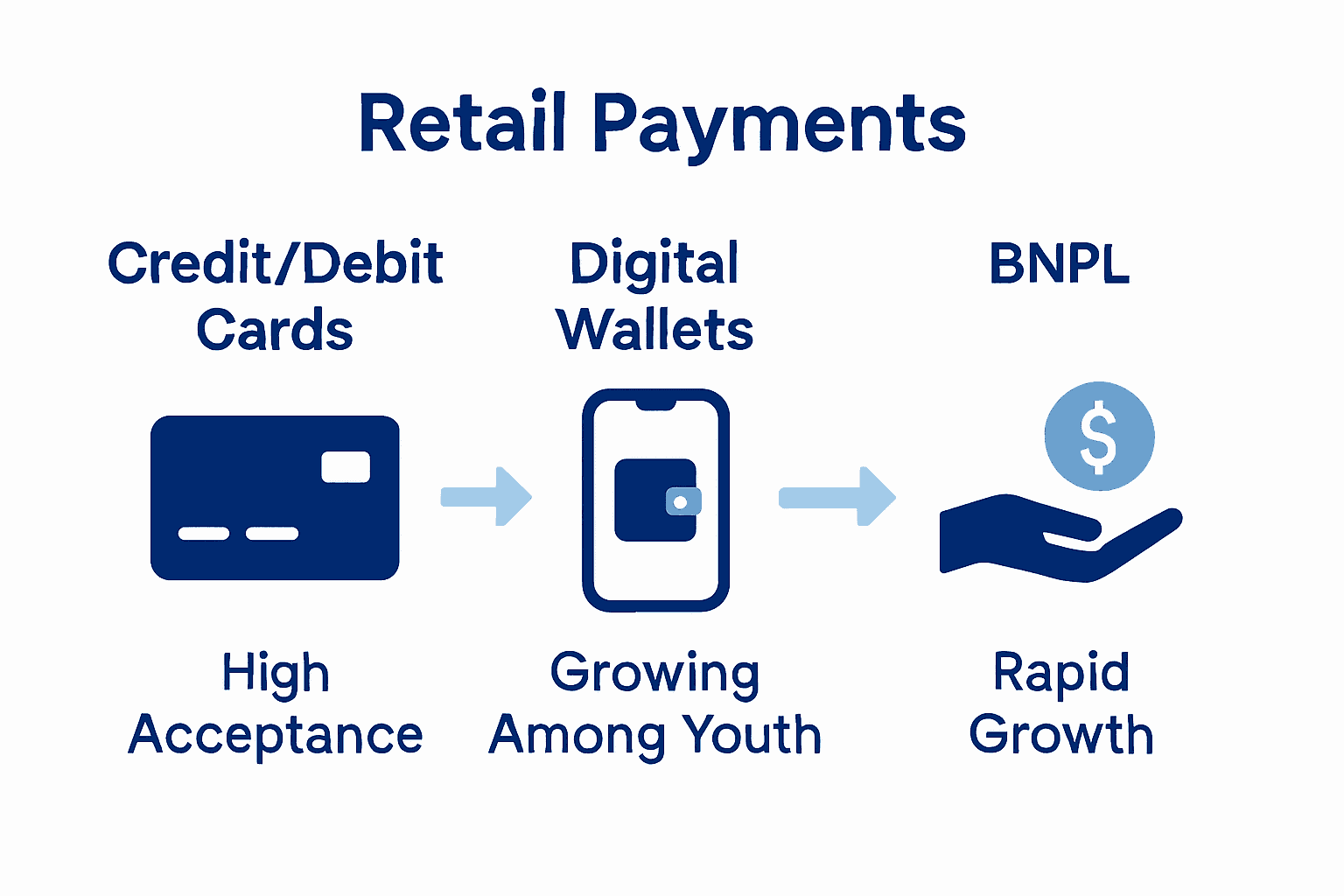 Infographic compares cards, digital wallets, and BNPL in retail.