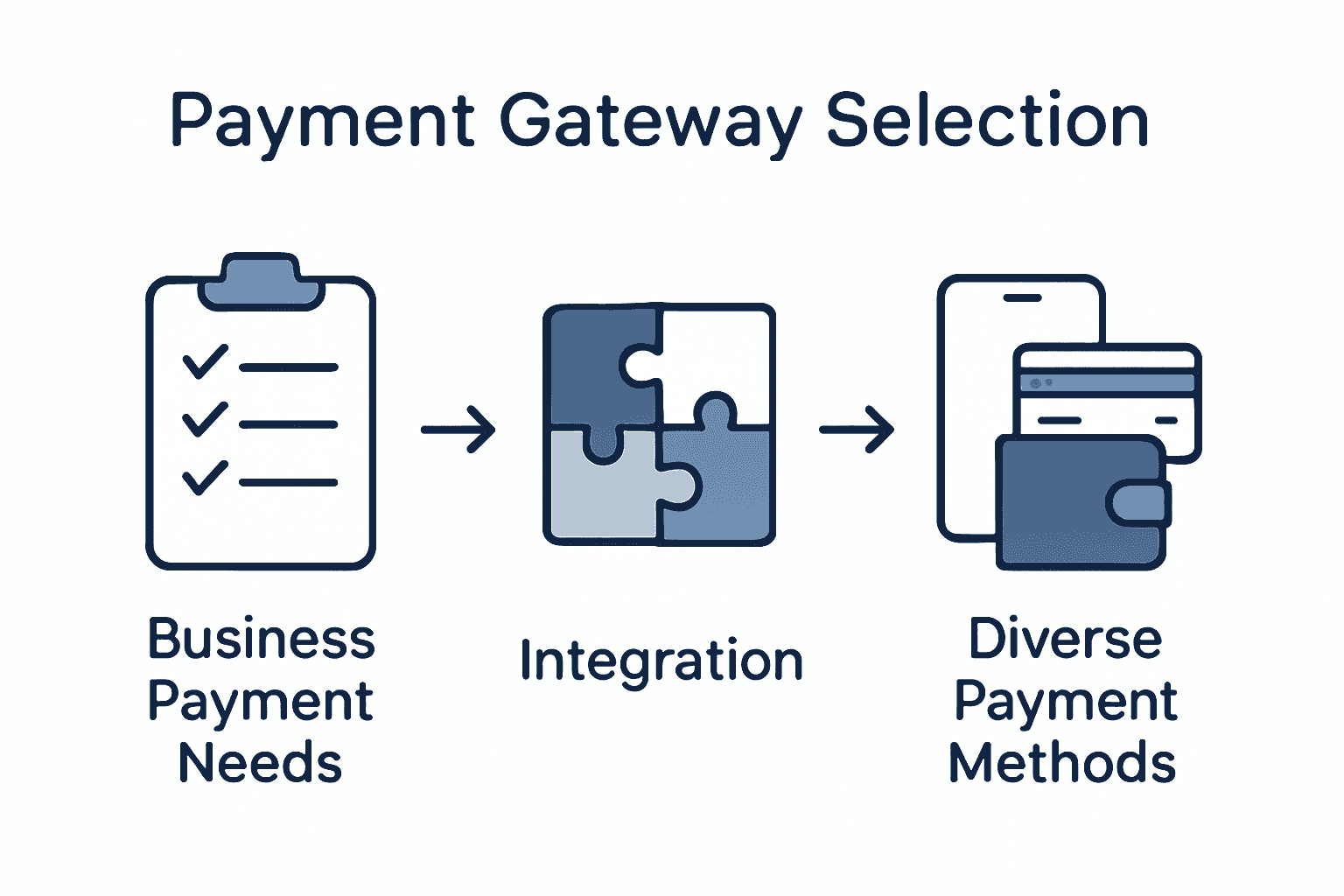 Infographic showing payment needs, integration, and payment methods as steps.
