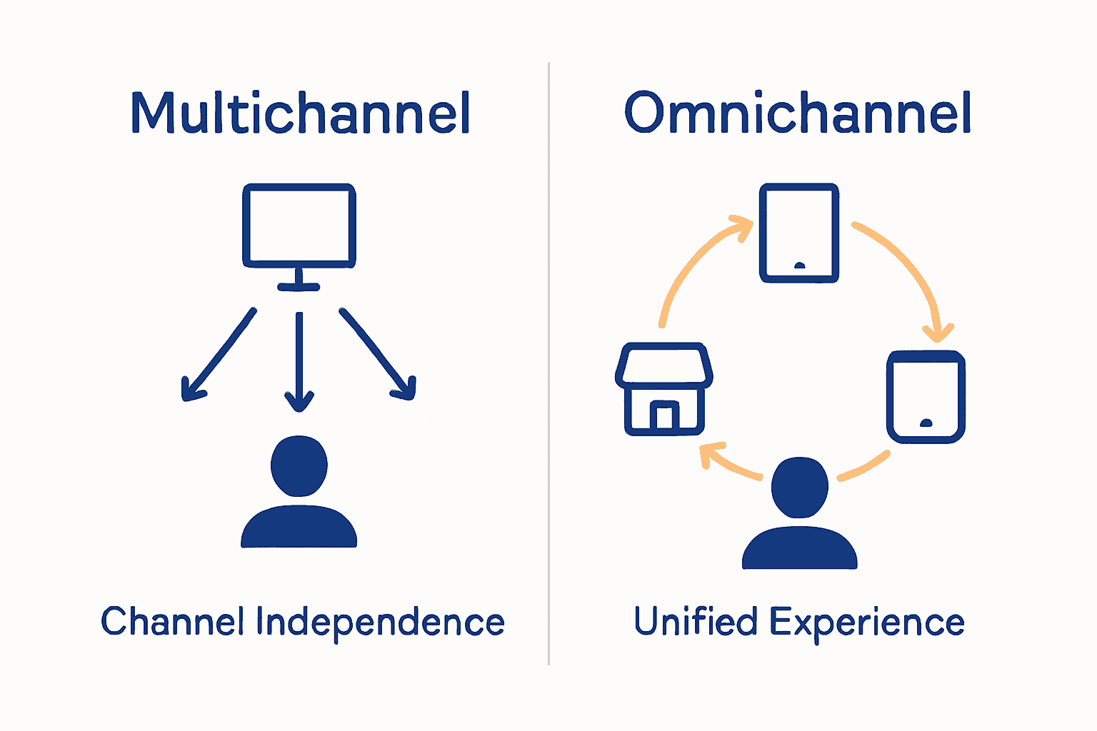 Infographic comparing multichannel and omnichannel retail approaches using icons and arrows.